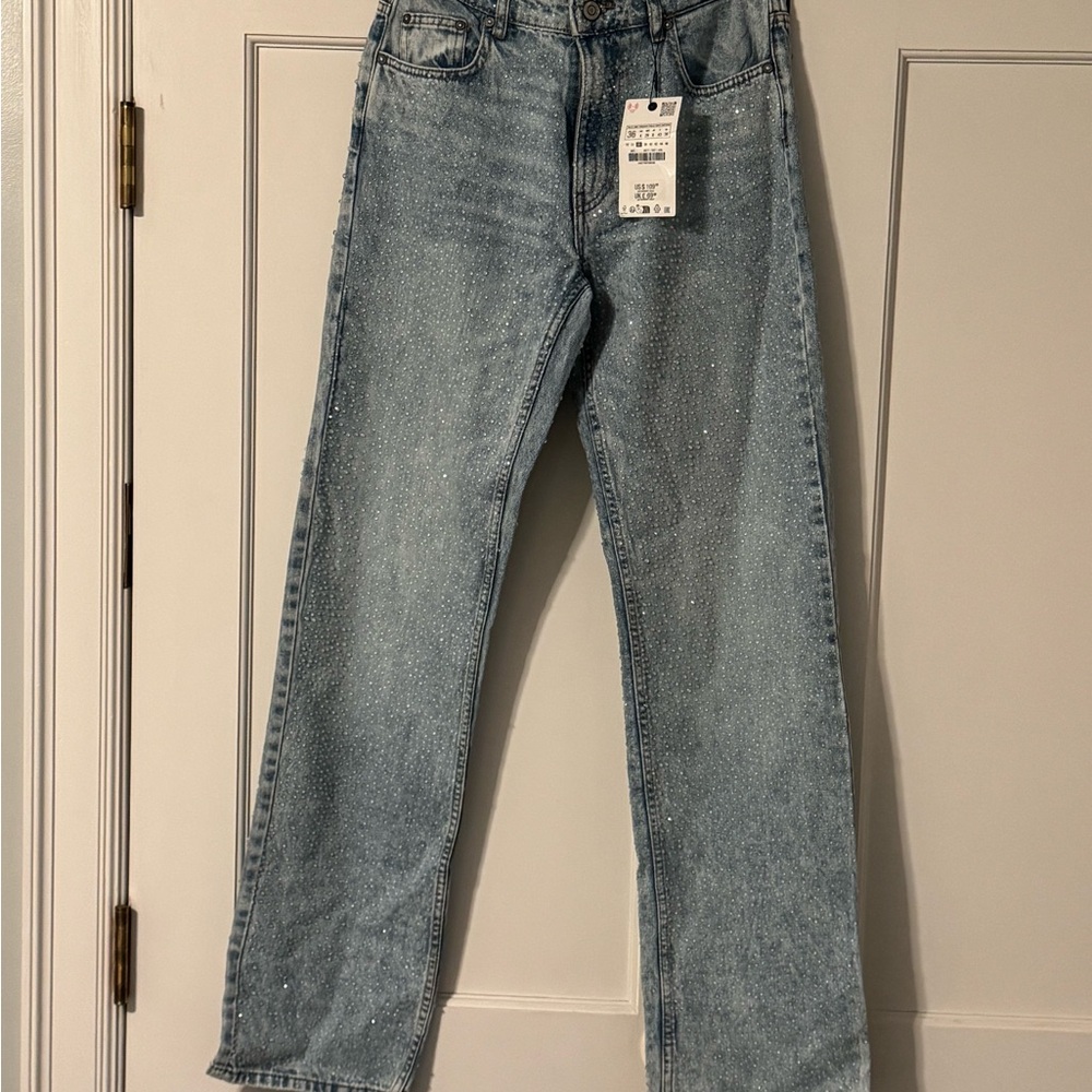 Women's Zara Rhinestone Light Blue Jeans NWT
